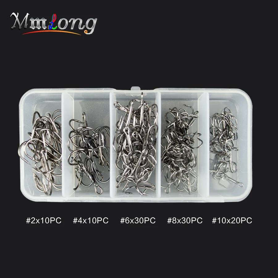 

100pcs Treble Fishing Hooks Set Size #2 4 6 8 10 High Carbon Stainless Steel Black Fish Hook In Clear Fishing Tackle BOX
