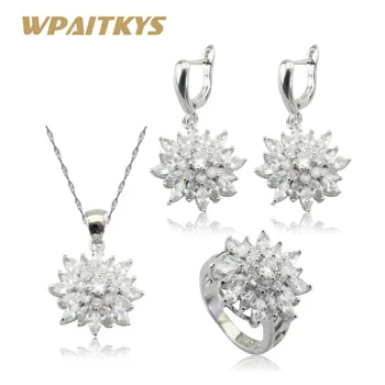 

WPAITKYS White Cubic Zirconia Flower Silver Color Jewelry Sets For Women Necklace Pendant Drop Earrings Rings Free Gift Box