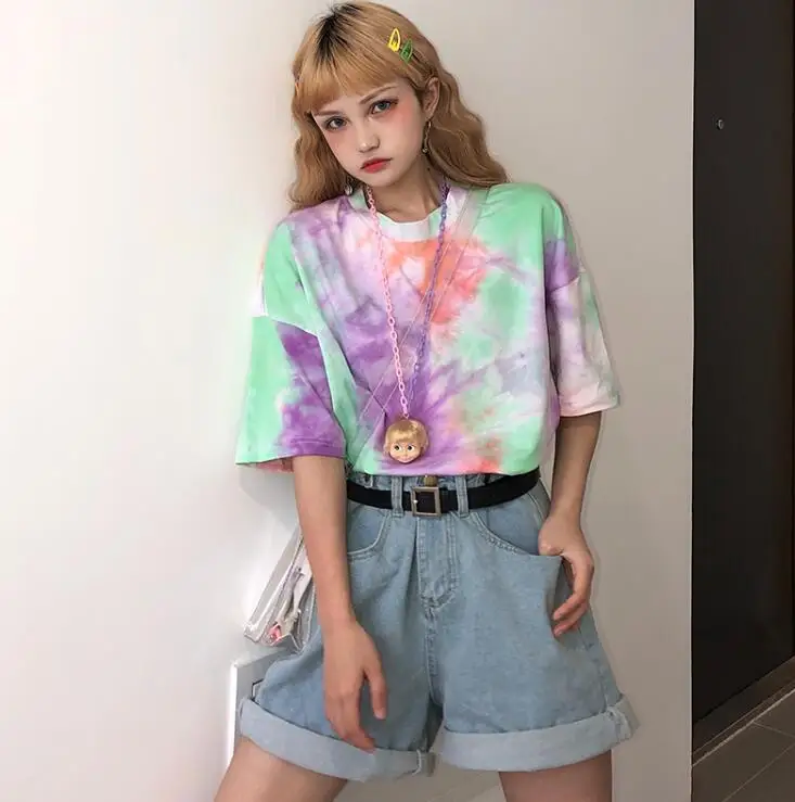 Harajuku свободная футболка с короткими рукавами для улицы и досуга круглым вырезом