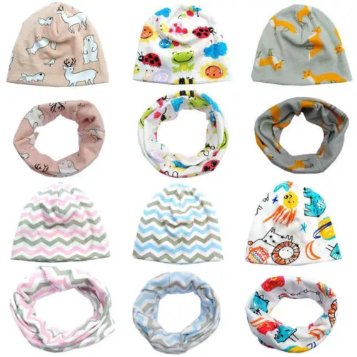 Хлопковый Детский набор из шапки и шарфа, Весенняя детская шапка с воротником для мальчиков и девочек, теплые шапочки, шарф, 2 шт., 8 цветов