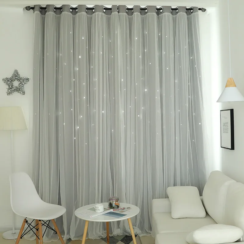 Hollow Star Blackout Curtains for Living Room and Bedroom, Thermal Insulated Window Treatments with White Voile Stitching image 4