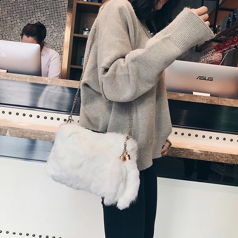 Women Leopard Plush Square Chain Cross body Handbag