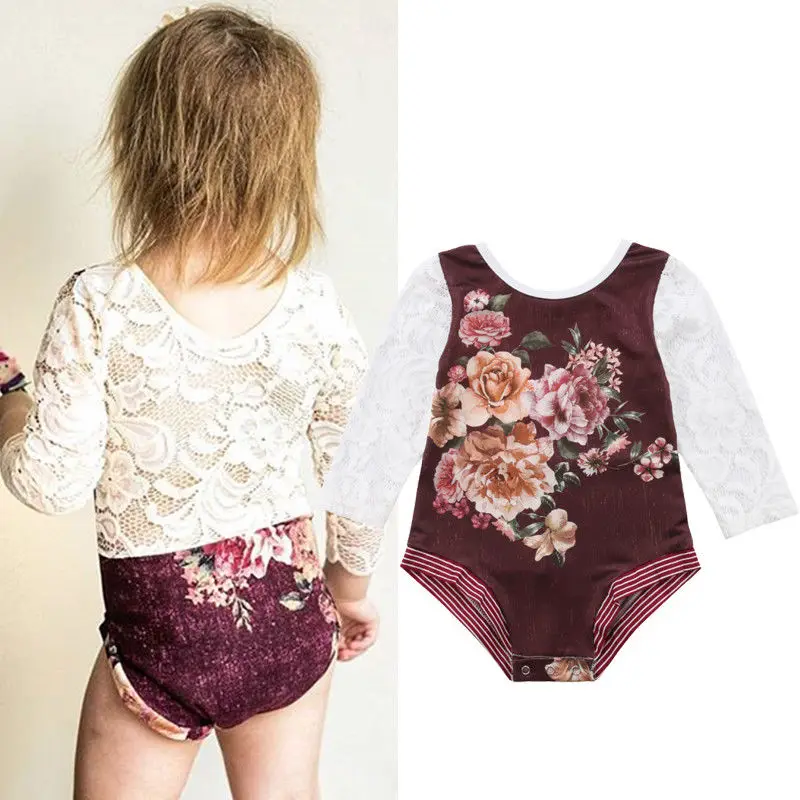 Toddler Baby Girls Autumn Lovely Cute Bodysuits Lace Floral Print Long