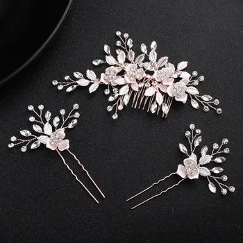

Rose Gold Floral Bridal Hair Comb Pins Set Crystal Wedding Hair Piece Accessories Women Prom Headpiece