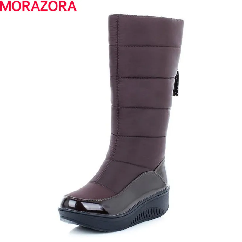 

MORAZORA Fur inside winter warm snow boots slip on platform women boots with charm round toe wedges heel mid calf boots