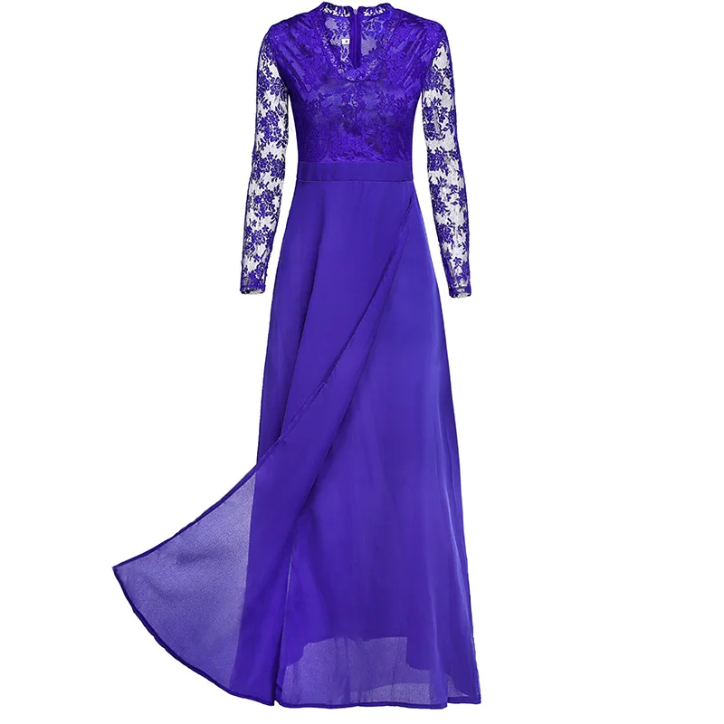 GACVGA, черные осенние платья с длинным рукавом, женское кружевное длинное платье, тонкое сексуальное элегантное шифоновое летнее праздничное платье vestidos - Цвет: Blue