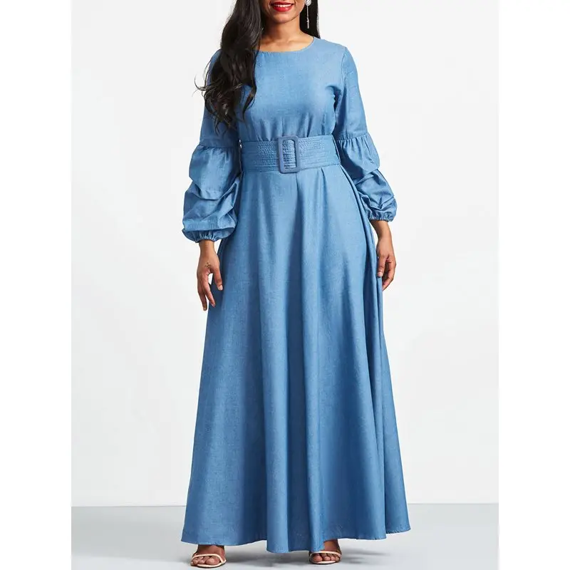 

Spring Long Dress Women Solid Blue Simple Elegant High Waist Robe Belt Street Fashion Lantern Sleeve Ladies Casual Maxi Dresses