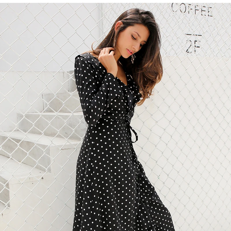 

Polka Dot Dress Long Dress Women Split Long Sleeve Spring Casual Dress 2019 Streetwear Black Maxi Dress Gowns -A2