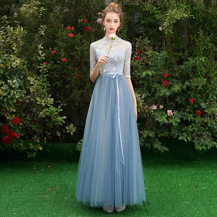 SSYfashion, кружевное сзади серое платье в пол с длинным рукавом, платье подружки невесты, свадебное платье, элегантное шифоновое платье на заказ - Цвет: blue