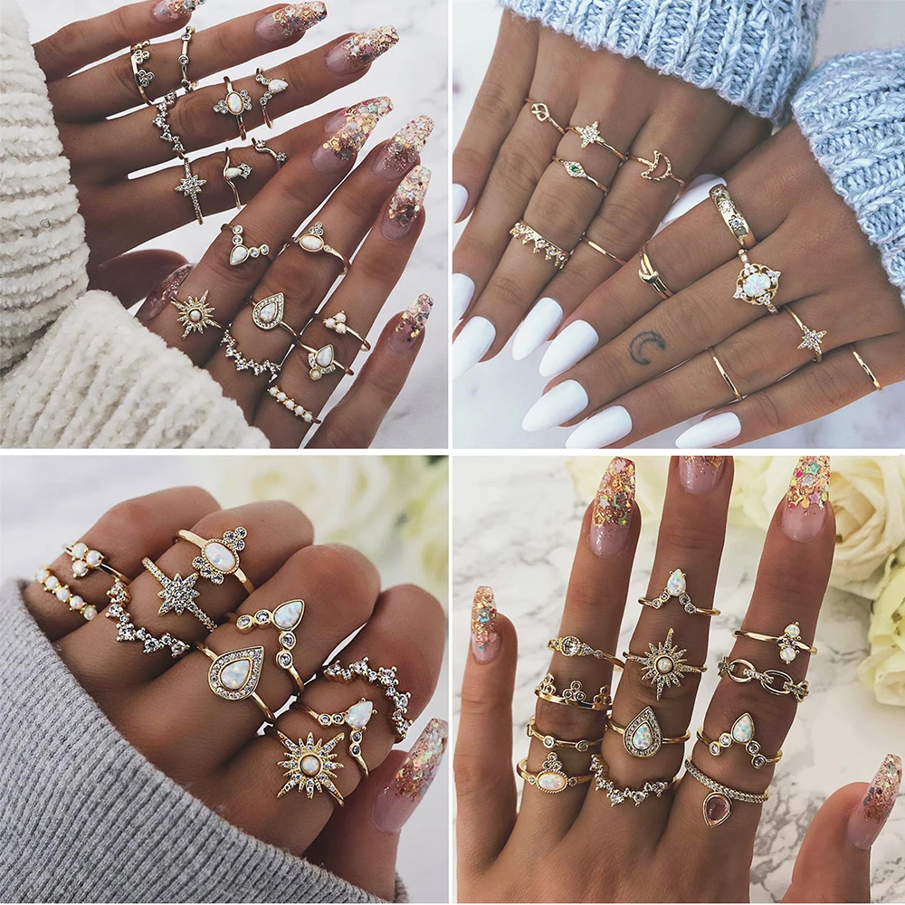 

MIX Styles Bohemian Vintage Gold Crown Water Drops Star Geometric Crystal Ring Set Women Charm Joint Ring Party Wedding Jewelry