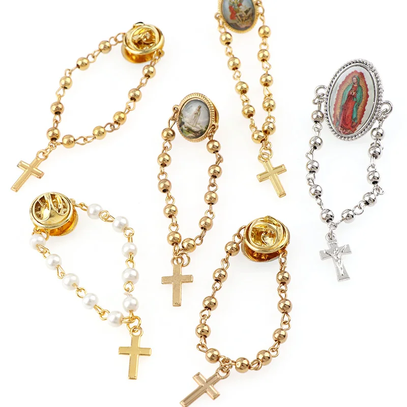 6 штук, случайные религиозные жемчужные бусины, броши на цепочке, золотая, серебряная цепочка с жемчужными бусинами для одежды, булавка на лацкан