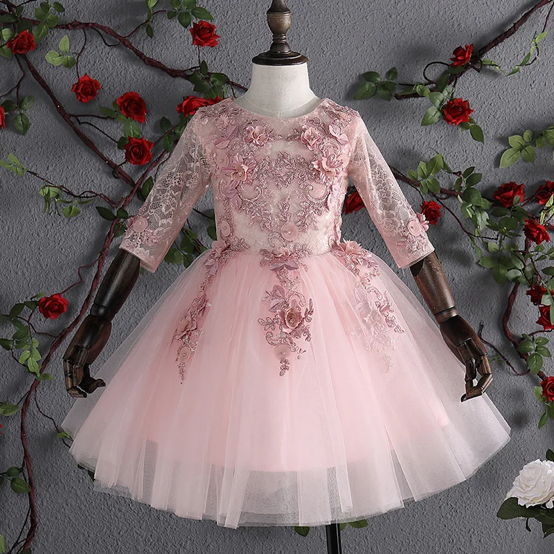 

Baby Girls Clothes Birthday Princess Pink Beading Party Dress for Girls Infant Lace Kids Bridesmaid Elegant Swallowtail Dress