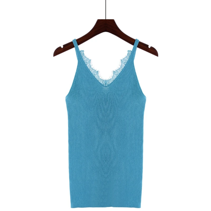 GIGOGOU кружевной вязаный женский топ без рукавов сексуальный топ Модный повседневный летний жилет женская футболка - Цвет: blue 815