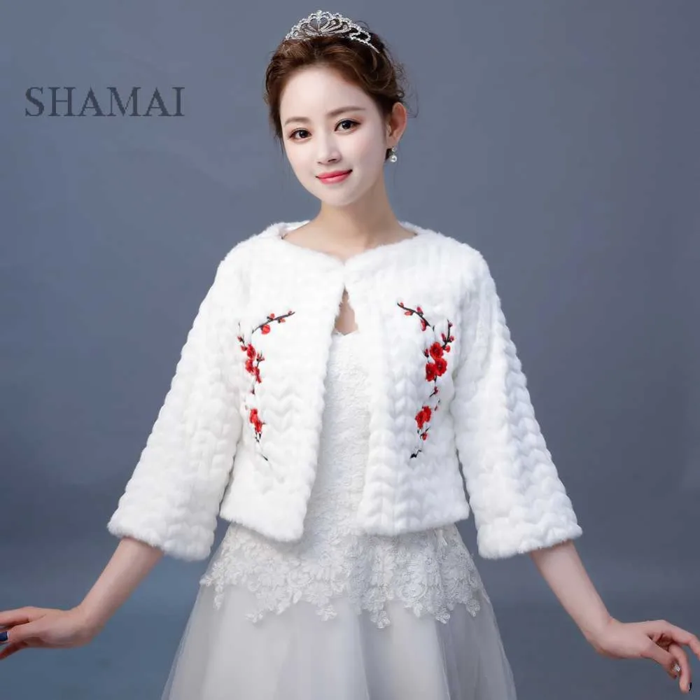 

SHAMAI Faux Fur Winter Bridal Wraps Warm Fur Boleros Bridal Cape Evening Coat Wedding Jacket bridesmaids jacket With Flower