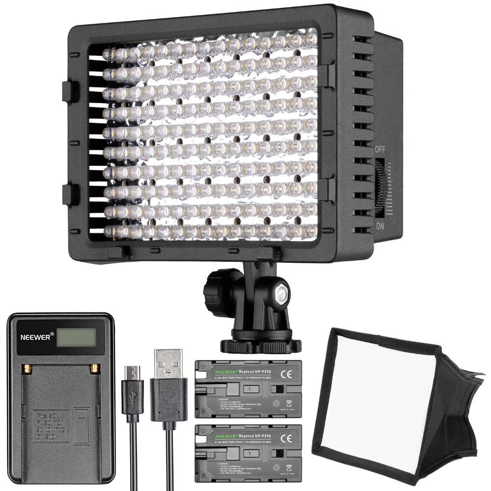 Neewer CN-160 светодиодный цифровой фотоаппарат видео светильник ing Kit-Dimmable светодиодный видео светильник складной рассеиватель перезаряжаемый аккумулятор с зарядным устройством