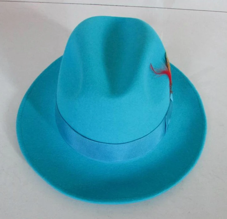 

Men's Fashion Fedoras Wool Cap Male Lake Blue Jazz Wool Cap Classic Light Blue Felt Fedora Hat Godfather Hat Cowboy Cap B-8119