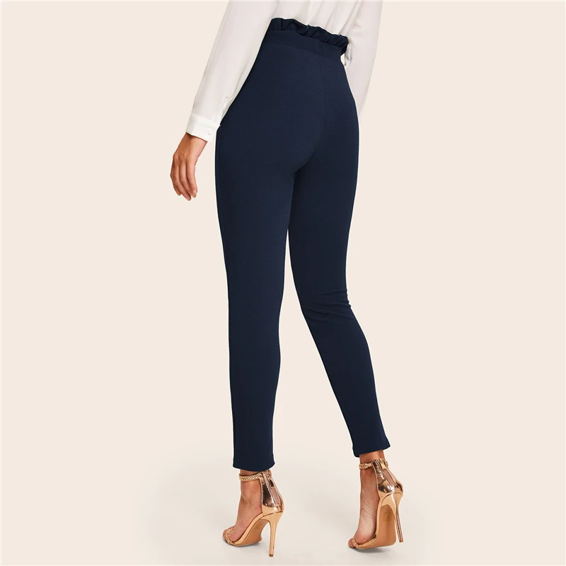 Sheinside, темно-синие элегантные брюки для женщин, бумажный мешок, талия, обтягивающие брюки, весна, однотонные, OL, для работы, высокая талия, женские штаны с поясом