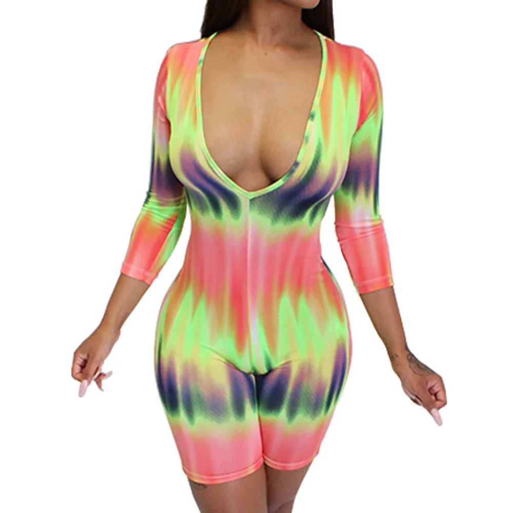 

Women Sexy Fitness Playsuits Long Sleeve Fashion V Neck Vintage Rainbow Printed Bodysuit Sporting Skinny Outfits Party Club Suit