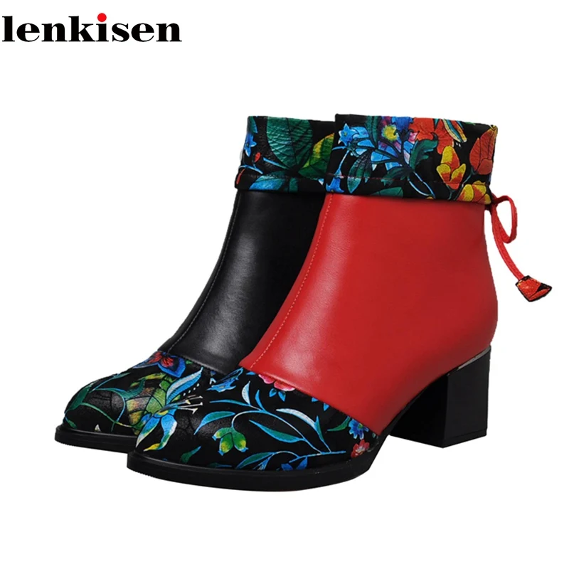 

Lenkisen special embroidery decoration zip cow leather round toe flower oriental Chinese style autumn winter ankle boots L8fa