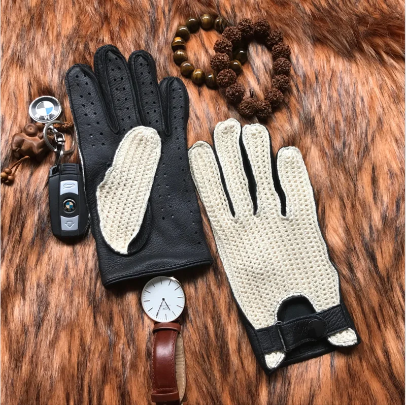 Mens Goatskin Leather Gloves Back Knitted Gloves Lambskin NEW Unlined Non-Slip Motorcycle Driving Gloves Male Leather Mittens