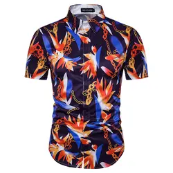 Печать пляжная рубашка Для мужчин 2018 цепей и с цветочным принтом Для мужчин s Гавайские рубашки короткий рукав Повседневное Slim Fit Camisetas Masculina