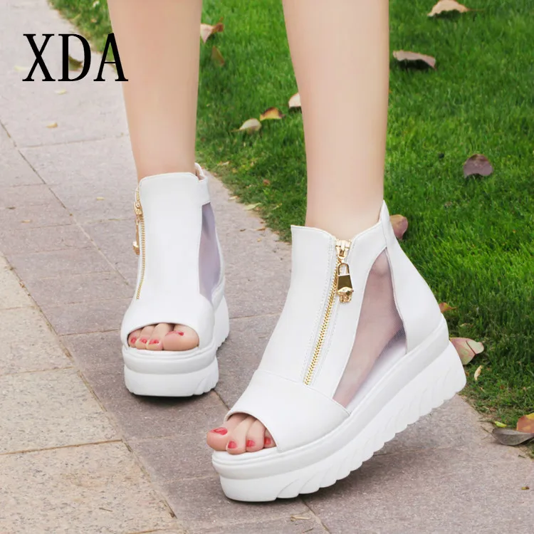 

XDA 2019 Fashion Summer Wedge Heels Women Sandals Open Toe Fish mouth Platform Shoes High Heels breathable zipper Women Shoes