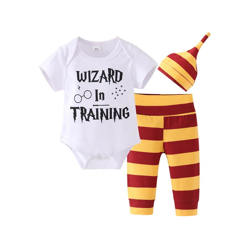 

3PCS Infant Baby Clothing Set 2019 Summer Wizard In Training Romper+Stripe Pants+Hat Newborn Baby Boy Outfit