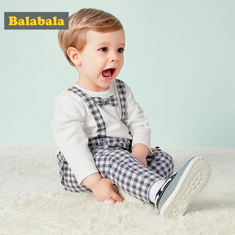 

Balabala Baby Fake 2-Piece Shirt + Checked Bib Overalls Set Infant Baby Boys Jumpsuit One-Piece Romper Newborn Outfits Gifts
