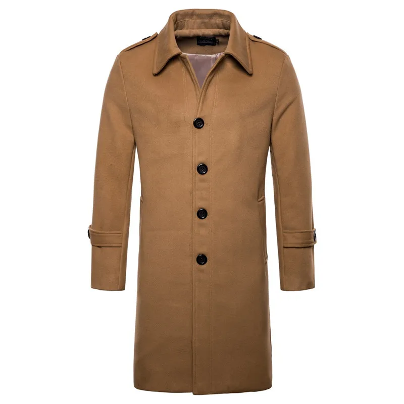 Новинка, мужское плотное шерстяное пальто с отворотом, модное мужское деловое длинное однобортное приталенное пальто в английском стиле на осень и зиму - Цвет: Khaki Wool Coat