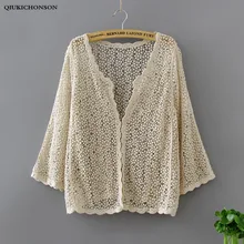 Qiukichonson, женские кружевные кардиганы, лето, богемный стиль, милые женские кружевные топы, тонкие, открытые, вязанные крючком, бежевый, белый кардиган