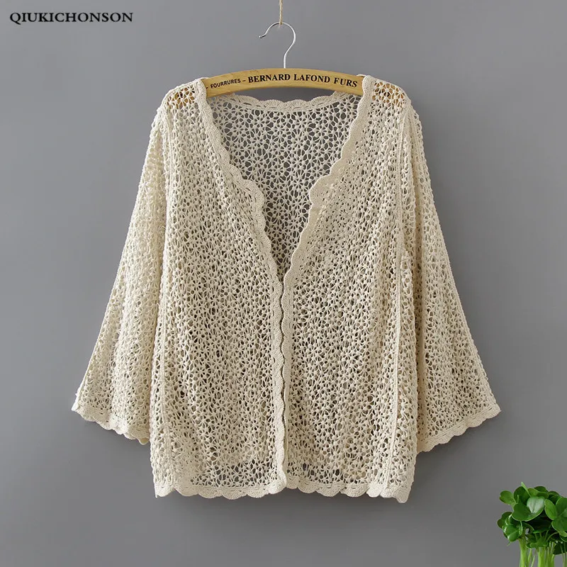 

Qiukichonson Women Lace Cardigans Summer 2018 Bohemian Style Sweet Ladies Lace Tops Thin Hollow Out Crochet Beige White Cardigan