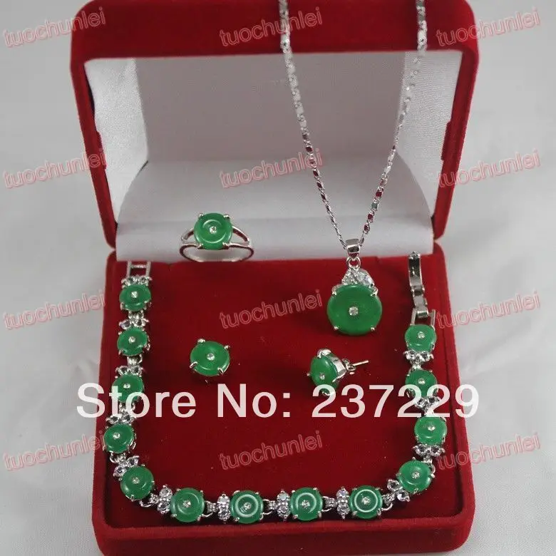 

Wholesale price FREE SHIPPING ^^^^Wonderful Green Coin Jade Inlay Pendants Necklace Bracelet Earring Ring Set