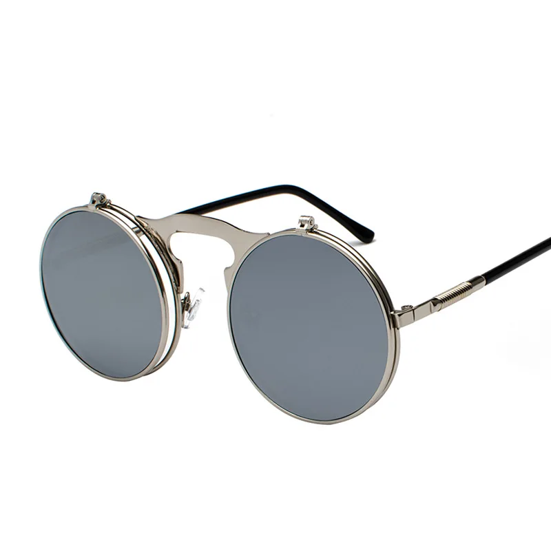 Солнцезащитные очки с откидной крышкой в стиле стимпанк, Ретро стиль, круглая металлическая оправа, раскладушка, двойные линзы, солнцезащитные очки для мужчин и женщин - Цвет линз: C5Silver.White refle