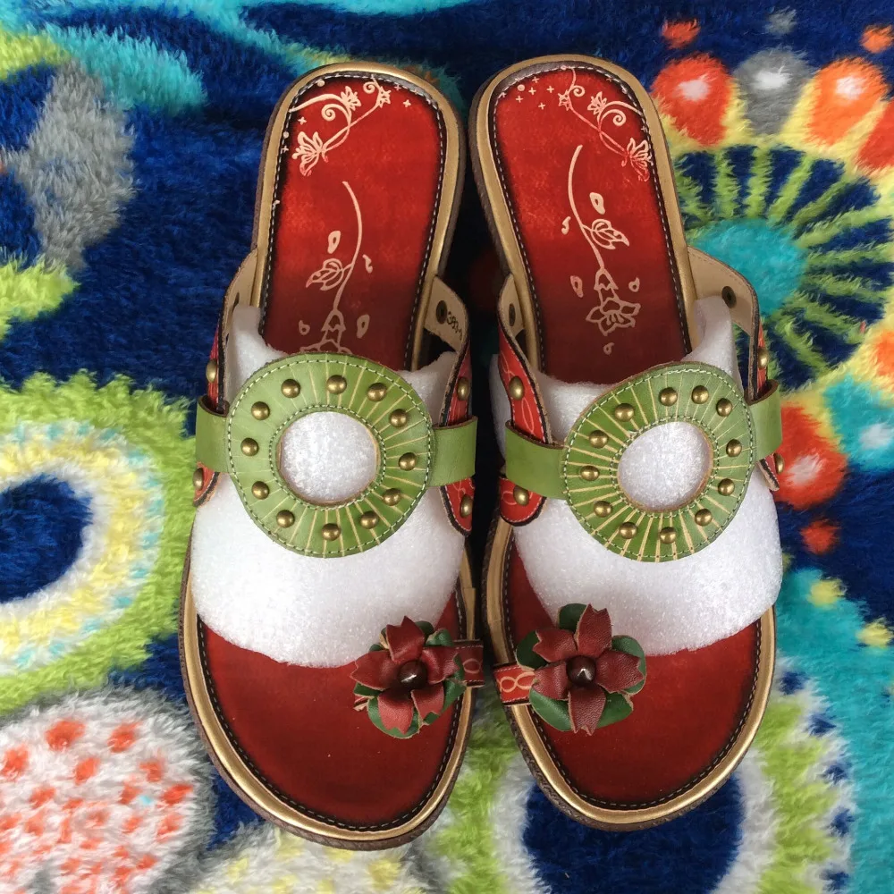 CareaymadeReal/кожаные Вьетнамки; удобная обувь в народном стиле; ручная роспись; яркие цвета; цветочный узор; обувь в стиле ретро; mori girl; тапочки