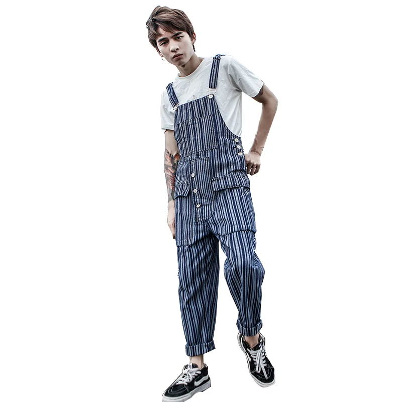 

Fashion Casual Men's Jumpsuits Rompers Japan Harajuku Style Man Blue Striped Bib Overalls Pants Male Harem Jeans Trousers
