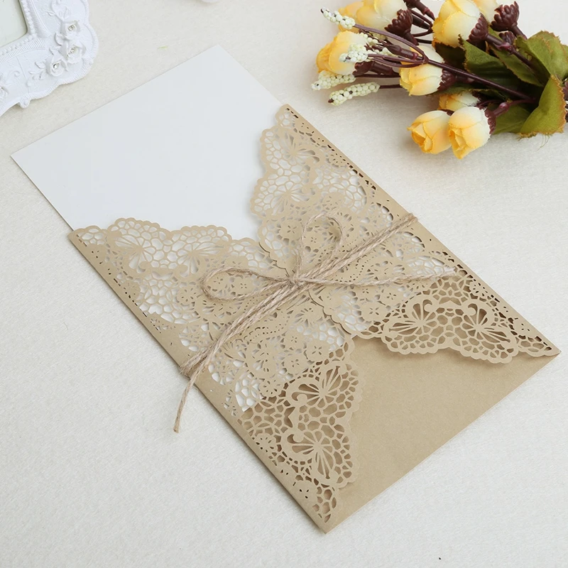  10pcs Sample Hollow Laser Cut Wedding Invitations Card Personalized Custom with Ribbon Envelope Del - 32911433545