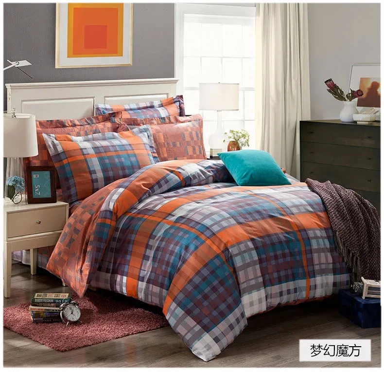 Dreaming Blue Grey Black Orange Plaids Bedding Set Cotton