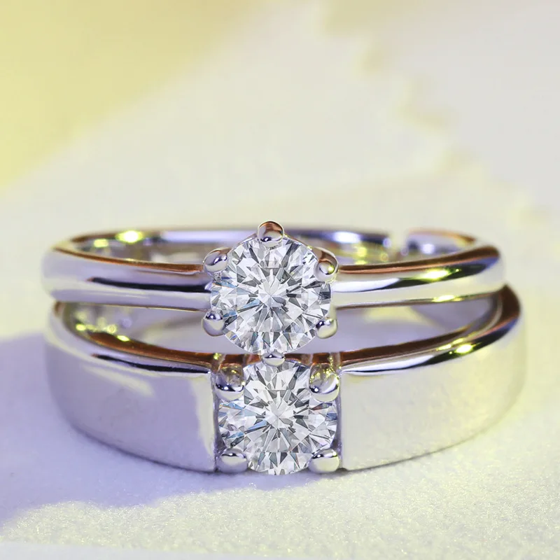 Mossovy Zircon Adjustable Silver Couple Wedding Rings for Women and Male Fashion Rhinestone Engagement Ring for Men for Female