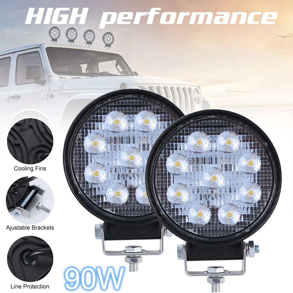 

2pcs 90W 6000K 9000LM Circular Waterproof Car LED Offroad Work Light Bar Fit for Jeep SUV ATV Driving Lamp Motorcycle Fog Light