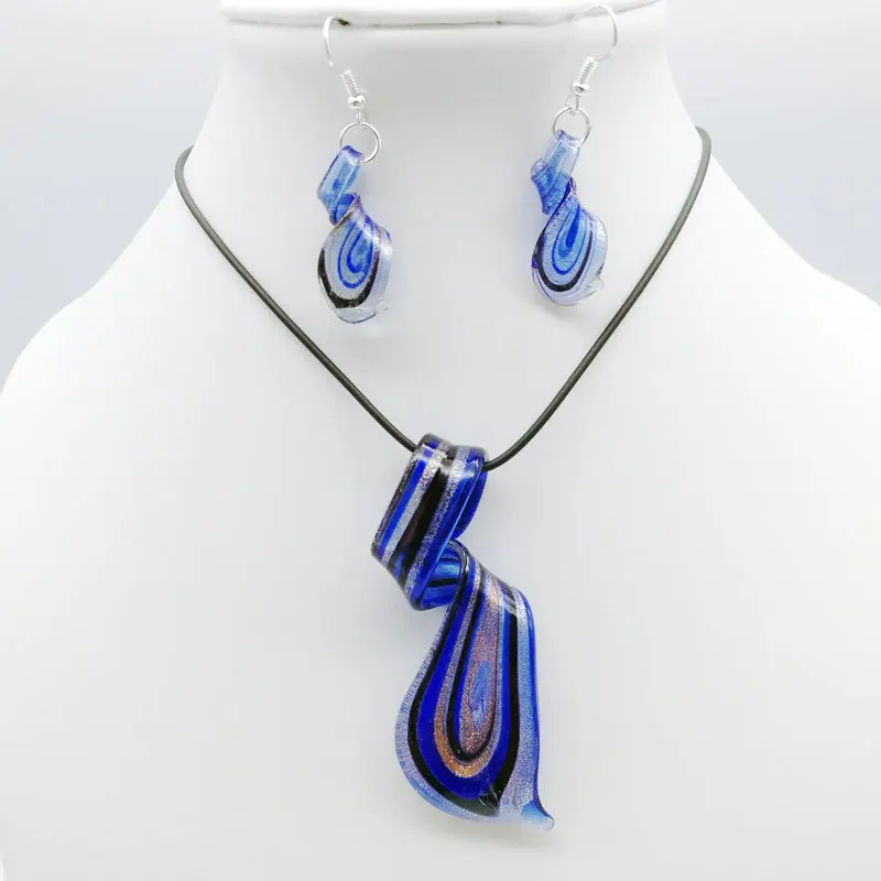 

Free Shipping Wholesale 5Sets Navy blue Twisted Lampwork Murano Glass Pendant Necklace Earrings Set, Fashion Jewelry SetS