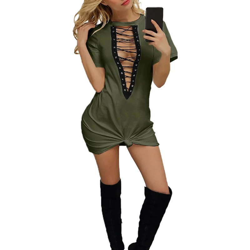 

Summer Women And Girls Dress 2019 Hot Sale Deep Lace Short-sleeved T-shirt Strap Dress New Neck Strap Sexy Casual Loose Dresses