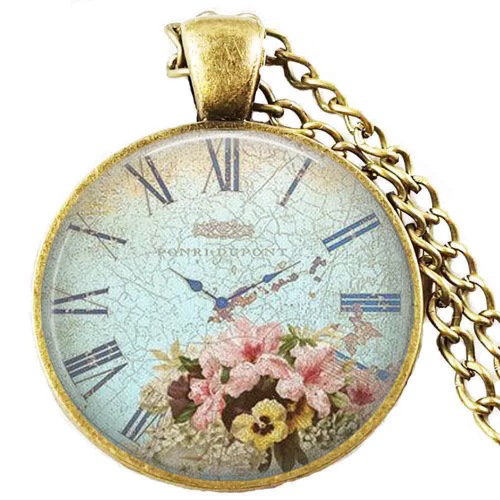 steampunk clock necklace vintage clock flowers pendant clocks necklaces