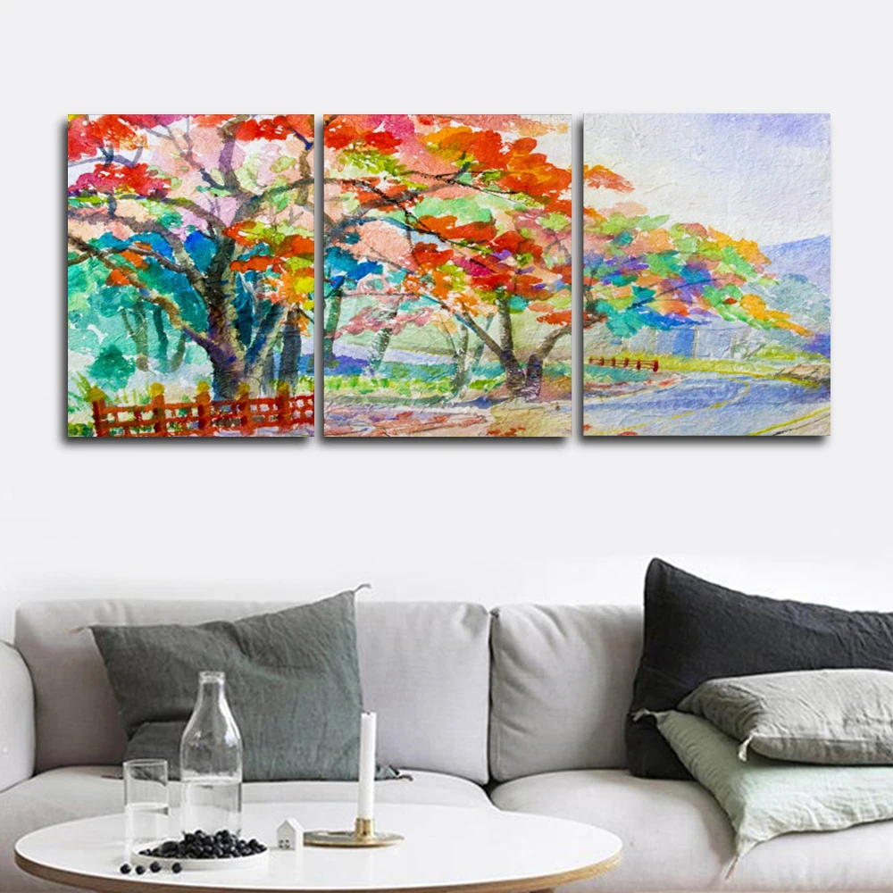 

Laeacco Watercolor Colorful Tree Outside Posters and Prints Wall Art HD Canvas Painting Nordic Home Decoration Living Room Decor