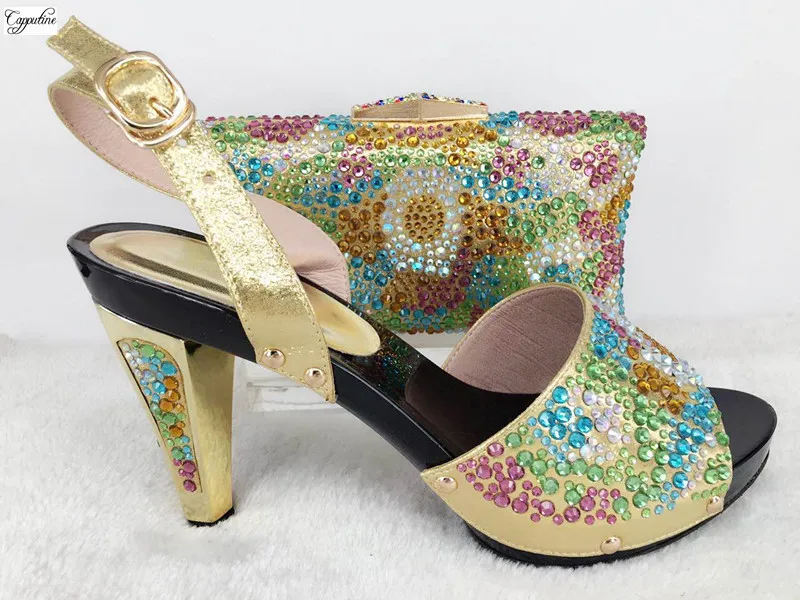 

Amazing Italian design gold shoes and bag set with stones fashion sandals with purse for evening partyTYS17-18, heel 11cm