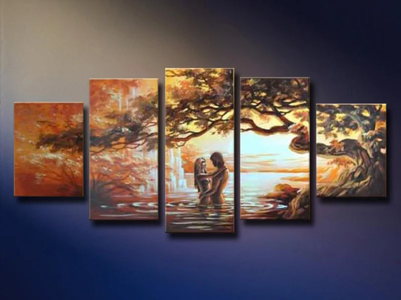 

Free Shipping hand-painted modern Romantic sexy nude lovers man woman sunset landscape oil painting on canvas decoration