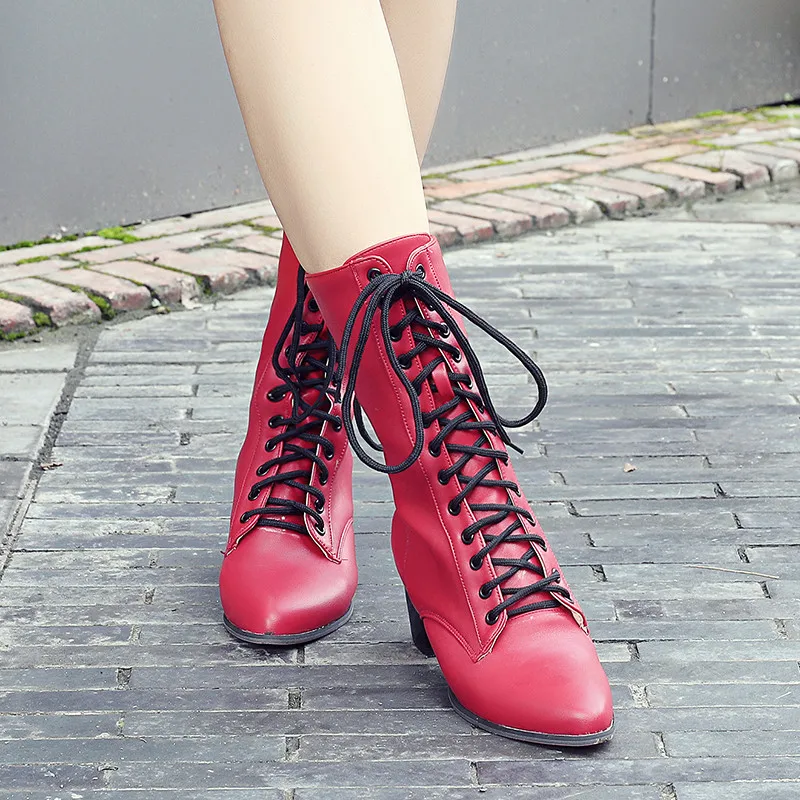 

YMECHIC 2018 Street Rock Cross Lace Up Block High Heel Ankle Combat Boots for Women White Black Military Ladies Shoes Winter