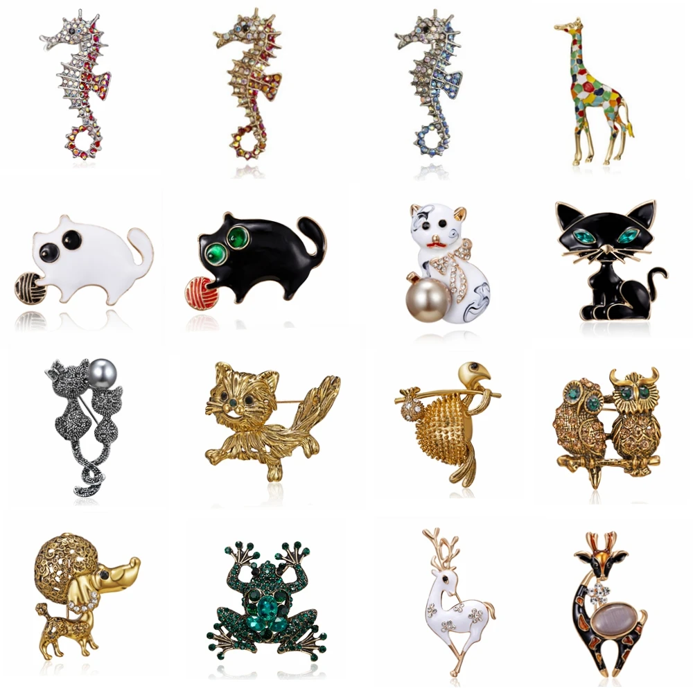 Rinhoo Enamel Animal Seahorse Frog Owl Deer Cat Dog Brooches For Women Girl Brooch Pins Gift