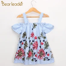 Bear leader/платье для девочек Новинка года, Полосатое платье без бретелек с одним вырезом для маленьких девочек Хлопковое платье с вышивкой на бретелях платье для девочек, От 2 до 6 лет