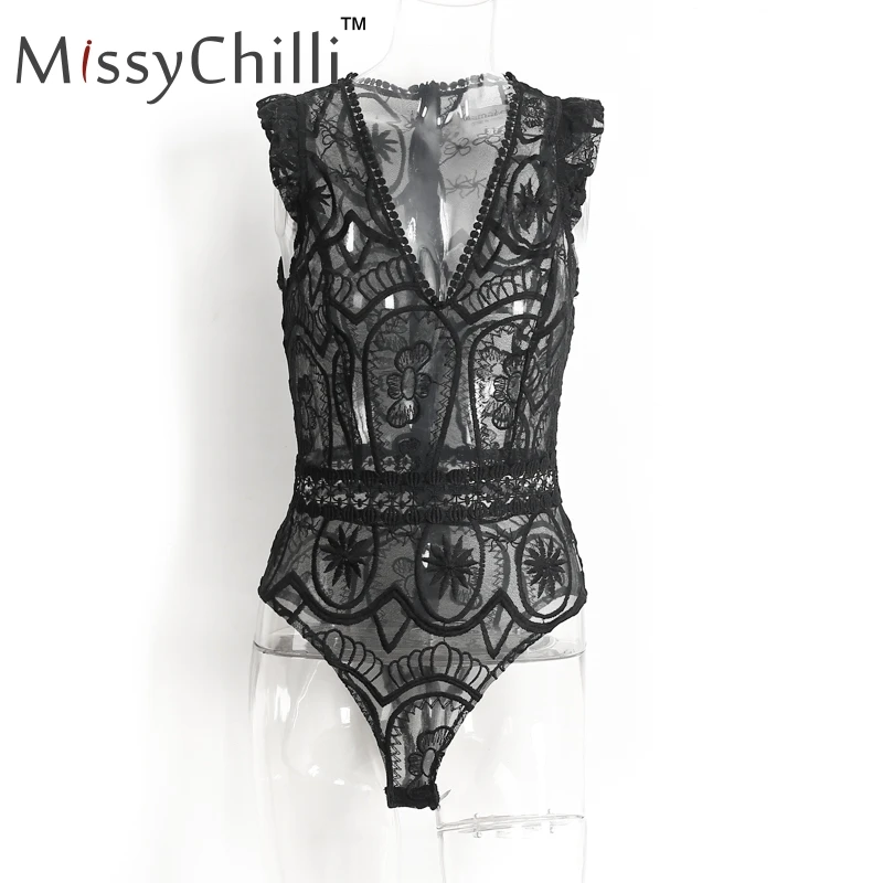 MissyChilli white lace embroidary sexy bodysuit Women V neck transparent mesh ruffle bodysuit Summer sleeveless body suit femme Jumpsuits and Playsuits