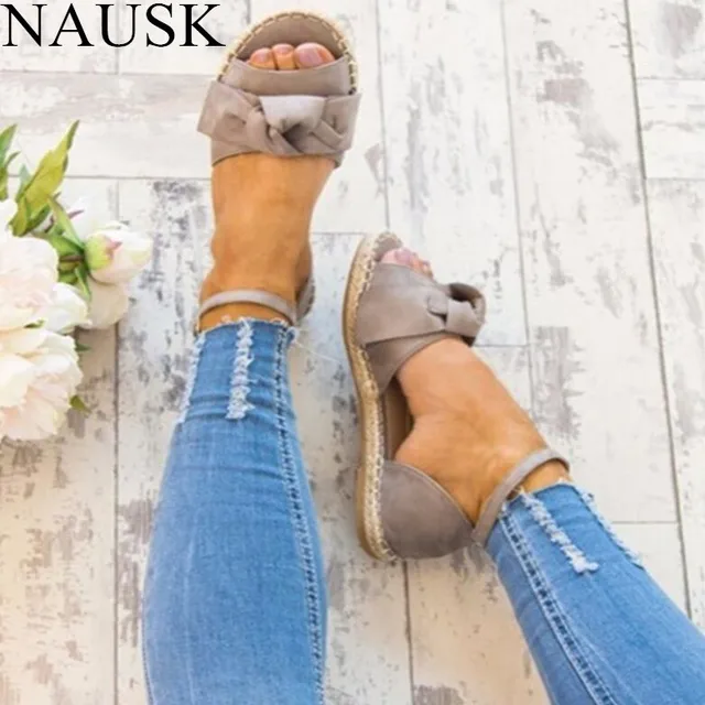 NAUSK New Summer 2018 Open Top Women Sandals Bowknot Flowers Feminina Flat Sandals Hemp Ankle Strap Sandalias Mujer Size 34-43